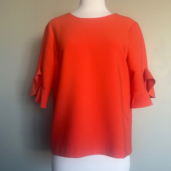 Suncoo Paris Coral Orange Open Back Cocktail Flounce Sleeve Top Blouse T-shirt